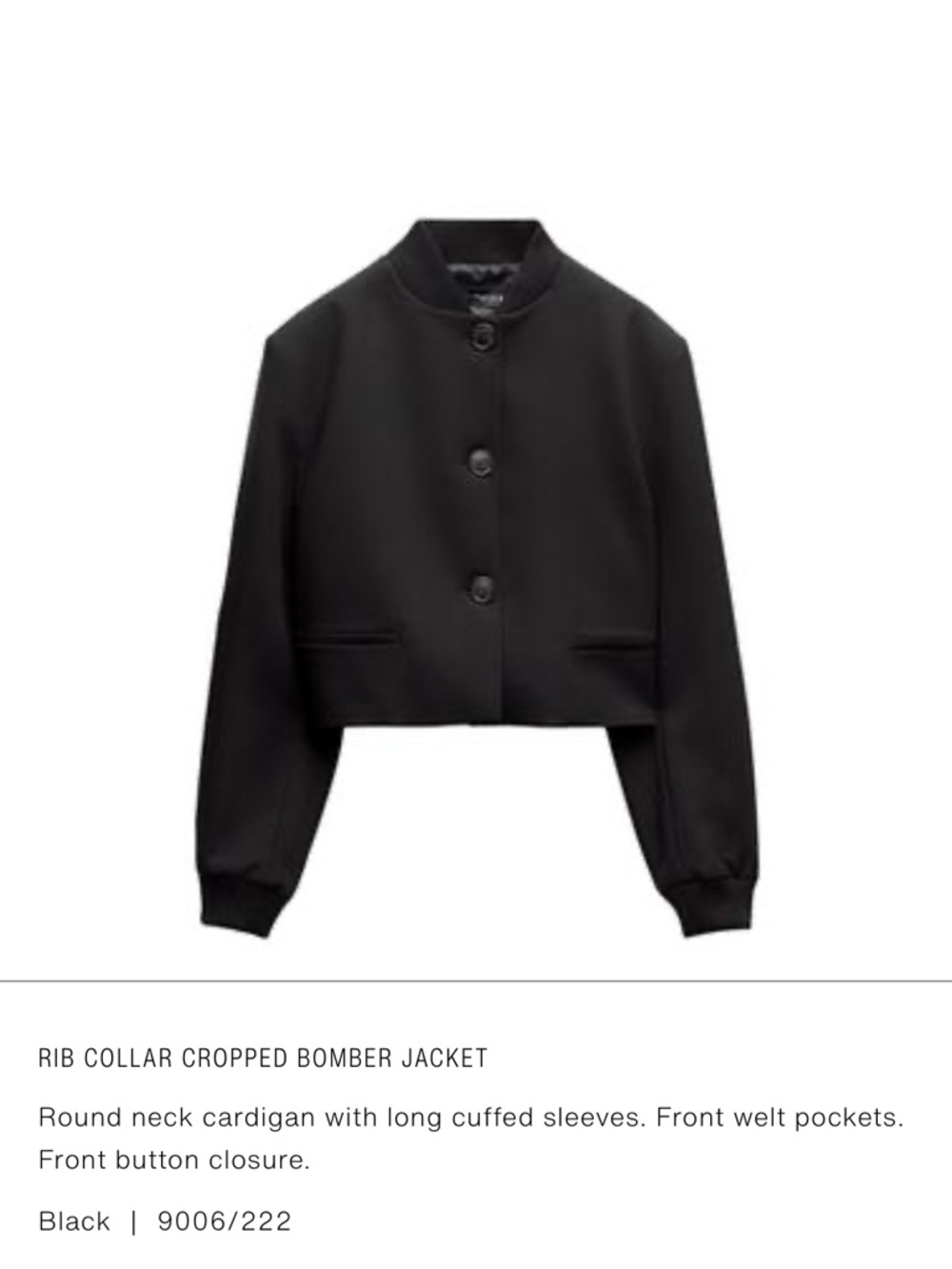 Zara Black Cropped Rib-Collar Bomber Jacket